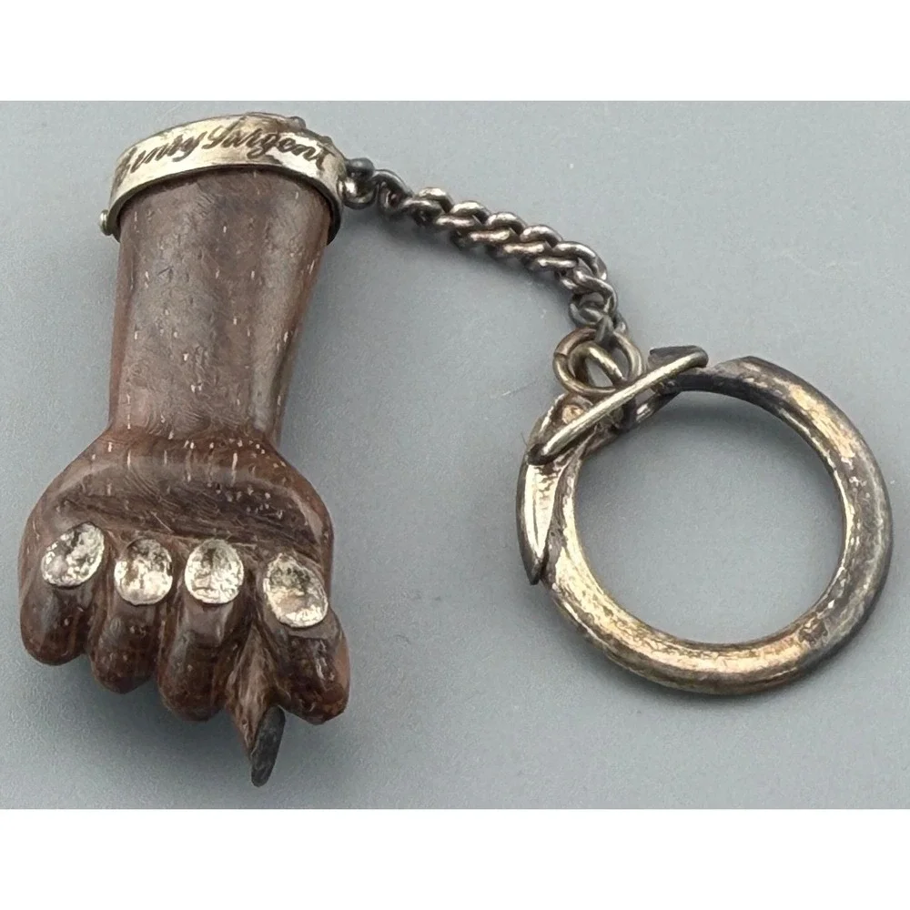 Vintage Figa Hand Keychain XRF Tested Silver Carved Wood Lucky Fist Zitrin Box